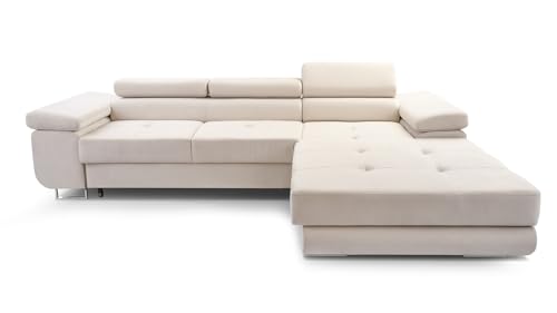 FurniShop24 Ecksofa mit Schlaffunktion und Bettkasten - Eckcouch L-Form mit Bewegliche Kopfstützen, Klappsofa - Schlafcouch zum Wohnzimmer, Modern Design Schlafsofa Nolan Mini (Beige, Right) von FurniShop24