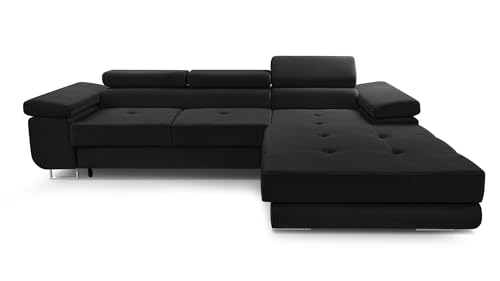 FurniShop24 Ecksofa mit Schlaffunktion und Bettkasten - Eckcouch L-Form mit Bewegliche Kopfstützen, Klappsofa - Schlafcouch zum Wohnzimmer, Modern Design Schlafsofa Nolan Mini (Black, Right) von FurniShop24