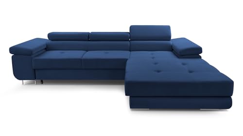 FurniShop24 Ecksofa mit Schlaffunktion und Bettkasten - Eckcouch L-Form mit Bewegliche Kopfstützen, Klappsofa - Schlafcouch zum Wohnzimmer, Modern Design Schlafsofa Nolan Mini (Dark Blue, Right) von FurniShop24