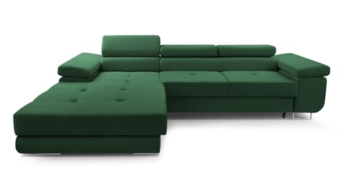 FurniShop24 Ecksofa mit Schlaffunktion und Bettkasten - Eckcouch L-Form mit Bewegliche Kopfstützen, Klappsofa - Schlafcouch zum Wohnzimmer, Modern Design Schlafsofa Nolan Mini (Dark Green, Left) von FurniShop24