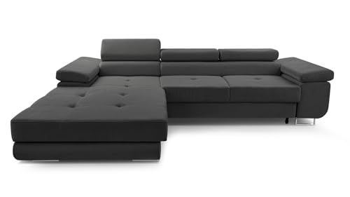 FurniShop24 Ecksofa mit Schlaffunktion und Bettkasten - Eckcouch L-Form mit Bewegliche Kopfstützen, Klappsofa - Schlafcouch zum Wohnzimmer, Modern Design Schlafsofa Nolan Mini (Dark Grey, Left) von FurniShop24