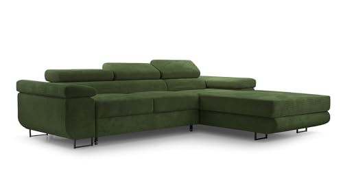 FurniShop24 Ecksofa mit Schlaffunktion und Bettkasten - Eckcouch L-Form mit Bewegliche Kopfstützen, Klappsofa - Schlafcouch zum Wohnzimmer, Modern Design Schlafsofa Nolan Mini_Poso (Dark Green, Right) von FurniShop24