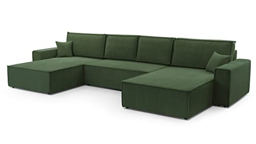 FurniShop24 Ecksofa mit Schlaffunktion und Bettkasten - Eckcouch U-Form, Klappsofa - Schlafcouch zum Wohnzimmer, Modern Design Schlafsofa Mango U: Dunkelgrün von FurniShop24