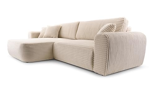FurniShop24 Ecksofa mit Schlaffunktion und Bettkasten – Stilvolles Schlafsofa 297x169 cm mit Bequemer Polsterung und Dekokissen, L-Form Sofa, Eckcouch für Wohnzimmer Happy Beige Links von FurniShop24