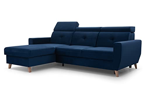 FurniShop24 Ecksofa mit Schlaffunktion und praktischem Bettkasten - Schlafsofa L Form 231x170 cm mit verstellbaren Kopfstützen und Sofamitschlaffunktion, Eckcouch Sally Dunkelblau von FurniShop24