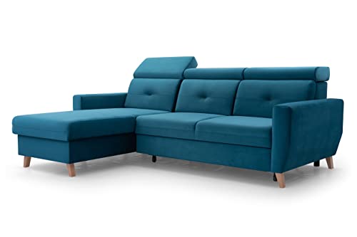 FurniShop24 Ecksofa mit Schlaffunktion und praktischem Bettkasten - Schlafsofa L Form 231x170 cm mit verstellbaren Kopfstützen und Sofamitschlaffunktion, Eckcouch Sally Türkis von FurniShop24