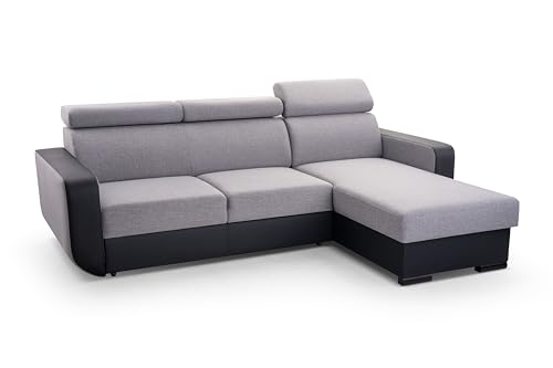 FurniShop24 Ecksofa mit Schlaffunktion und praktischem Bettkasten - Schlafsofa L Form 236x165 cm mit verstellbaren Kopfstützen und dekorative Kissen, Eckcouch Imperio Grau von FurniShop24