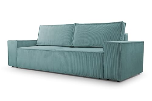FurniShop24 Sofa mit Schlaffunktion und praktischem Bettkasten – Gemütliches Couch 251x94,5 cm mit Bequemen Kissen und Minimalistischem Design, Schlafsofa Zoom Türkis von FurniShop24