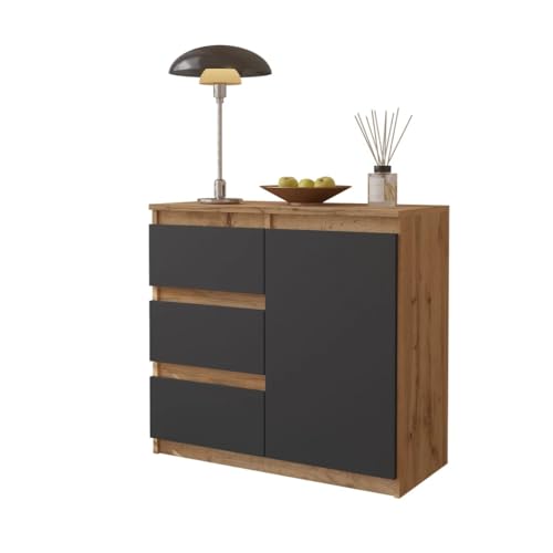 Furnica Kommode, Sideboard mit 3 Schubladen und 1 Tür 80cm Komodenschrank für Schlafzimmer, Wohnzimmer, Arbeitszimmer 80x75x35cm (Wotan Eiche/Anthrazit Grau) von Furnica