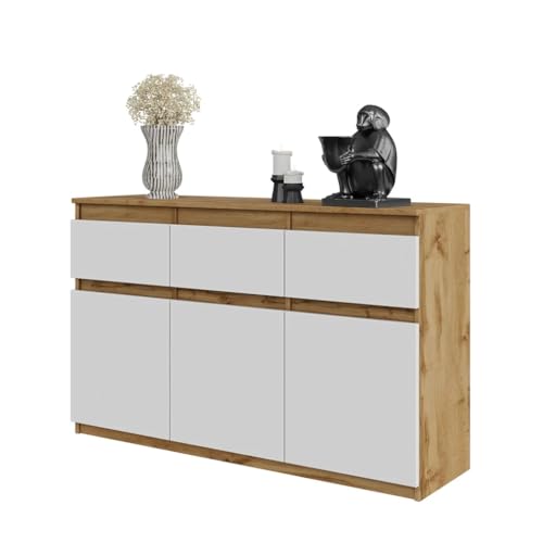 Furnica Kommode, Sideboard mit 3 Schubladen und 3 Türen 120cm Komodenschrank für Schlafzimmer, Wohnzimmer, Arbeitszimmer 120x75x35cm (Wotan Eiche/Weiß Matt) von Furnica