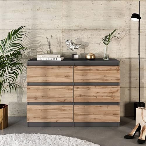 Furnica Kommode 100cm Sideboard mit 6 Schubladen - 100x71x33cm (Anthrazit Grau/Wotan Eiche) von Furnica