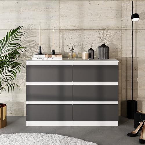Furnica Kommode 100cm Sideboard mit 6 Schubladen - 100x71x33cm (Weiß Matt/Anthrazit Grau) von Furnica