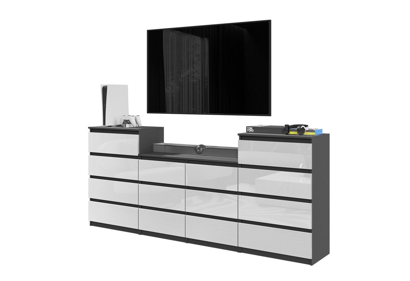 Furnica Kommode GABRIEL 4+6+4 Schubladen-Anthrazit Grau H92cm B220cm T33cm von Furnica