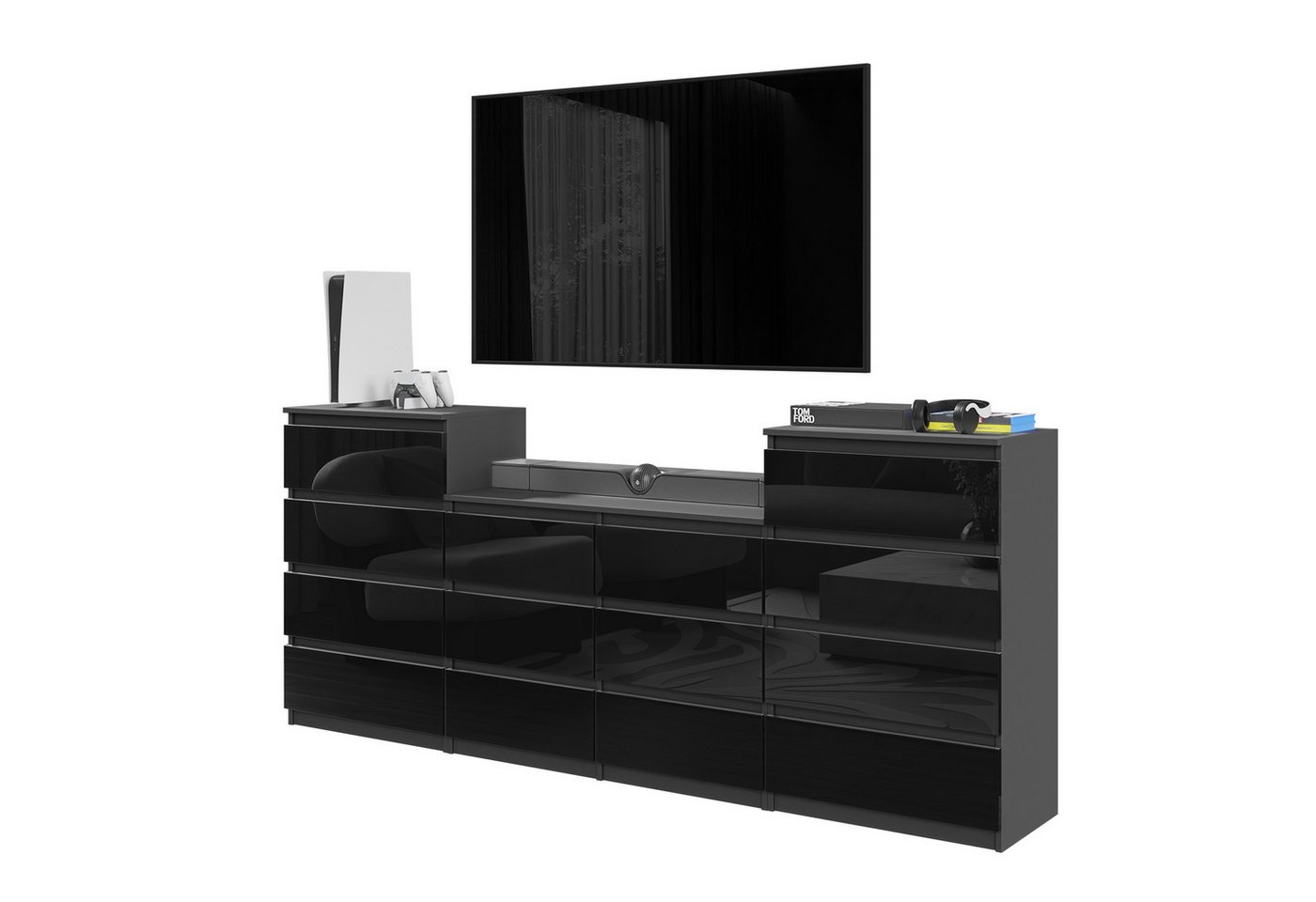 Furnica Kommode GABRIEL 4+6+4 Schubladen-Anthrazit Grau H92cm B220cm T33cm von Furnica