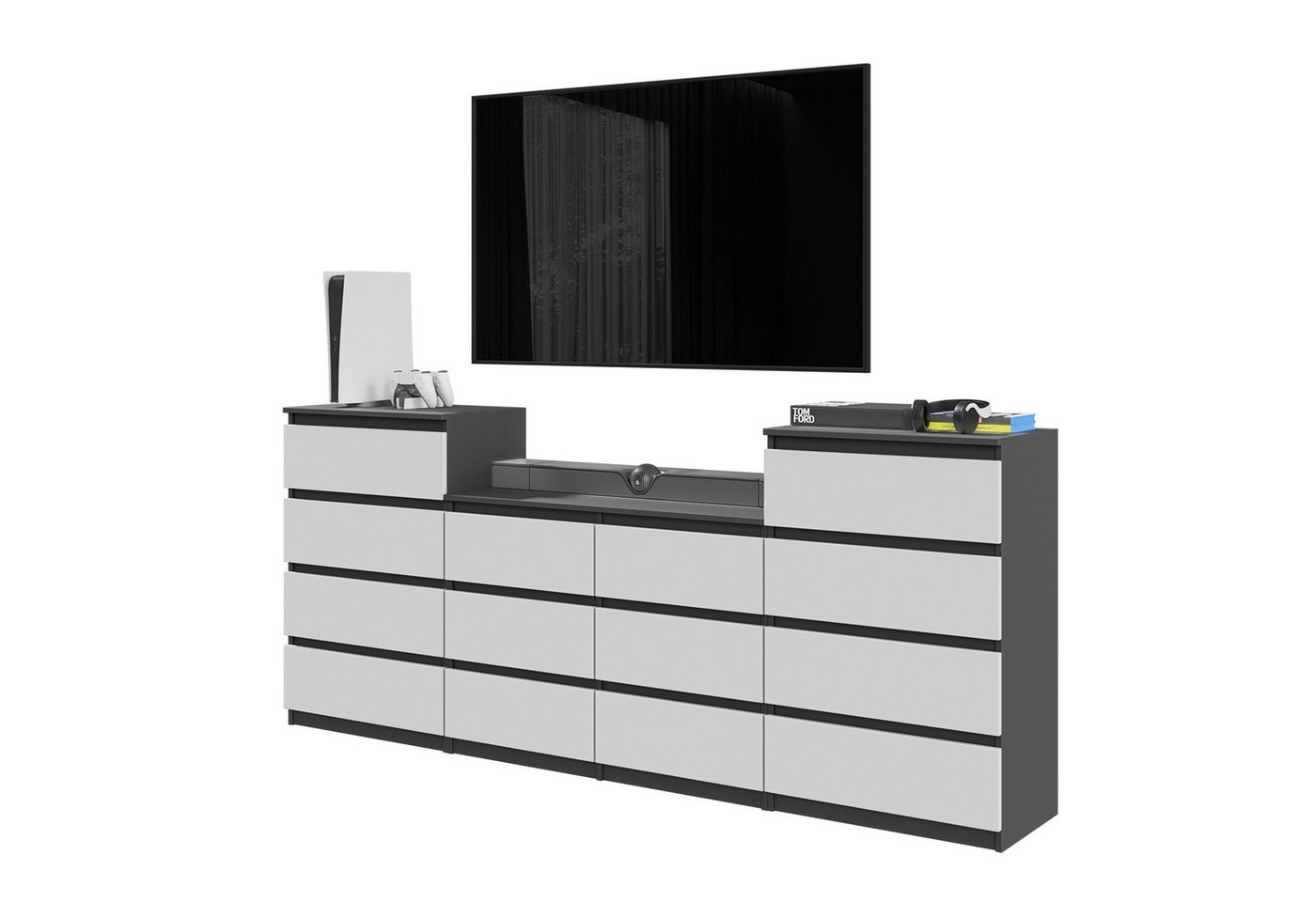 Furnica Kommode GABRIEL 4+6+4 Schubladen-Anthrazit Grau H92cm B220cm T33cm von Furnica