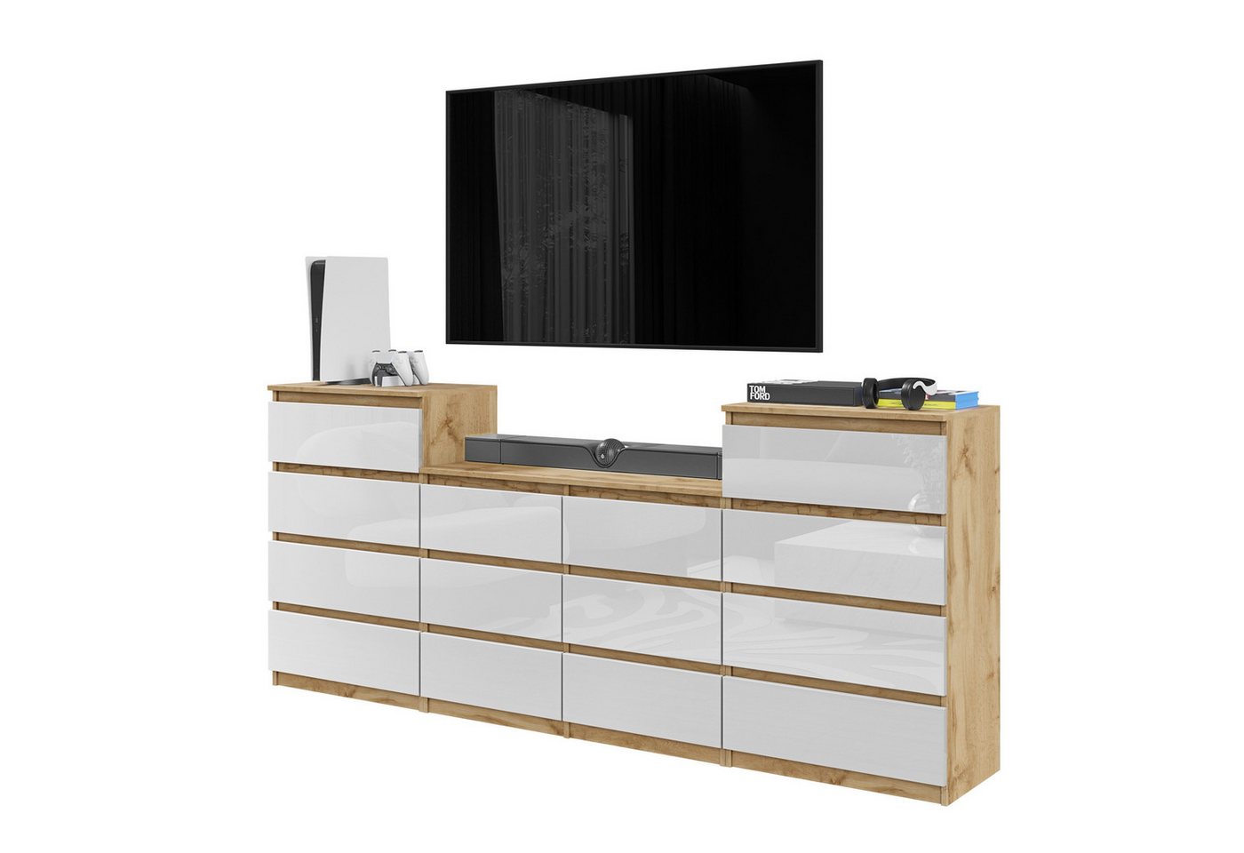 Furnica Kommode GABRIEL 4+6+4 Schubladen-Votan Eiche H92cm B220cm T33cm von Furnica