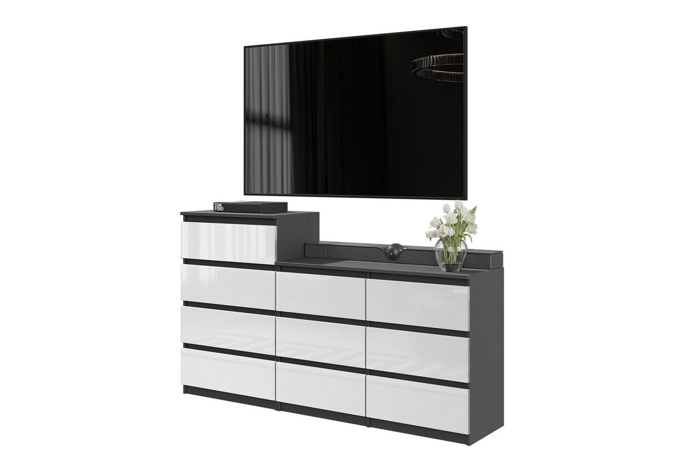 Furnica Kommode GABRIEL 6+4 Schubladen-Anthrazit Grau H92cm B160cm T33cm von Furnica