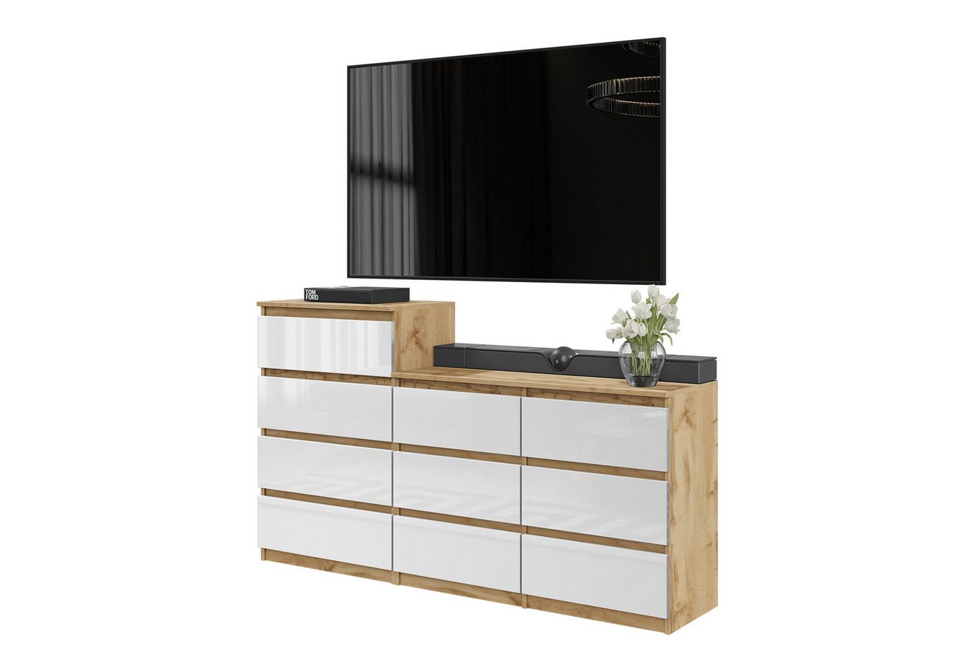 Furnica Kommode GABRIEL 6+4 Schubladen-Votan Eiche H92cm B160cm T33cm von Furnica