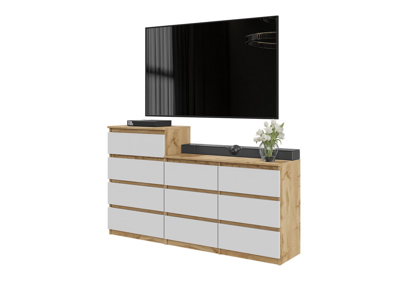 Furnica Kommode GABRIEL 6+4 Schubladen-Votan Eiche H92cm B160cm T33cm von Furnica