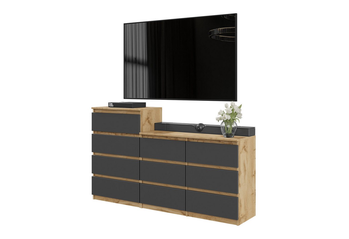 Furnica Kommode GABRIEL 6+4 Schubladen-Votan Eiche H92cm B160cm T33cm von Furnica