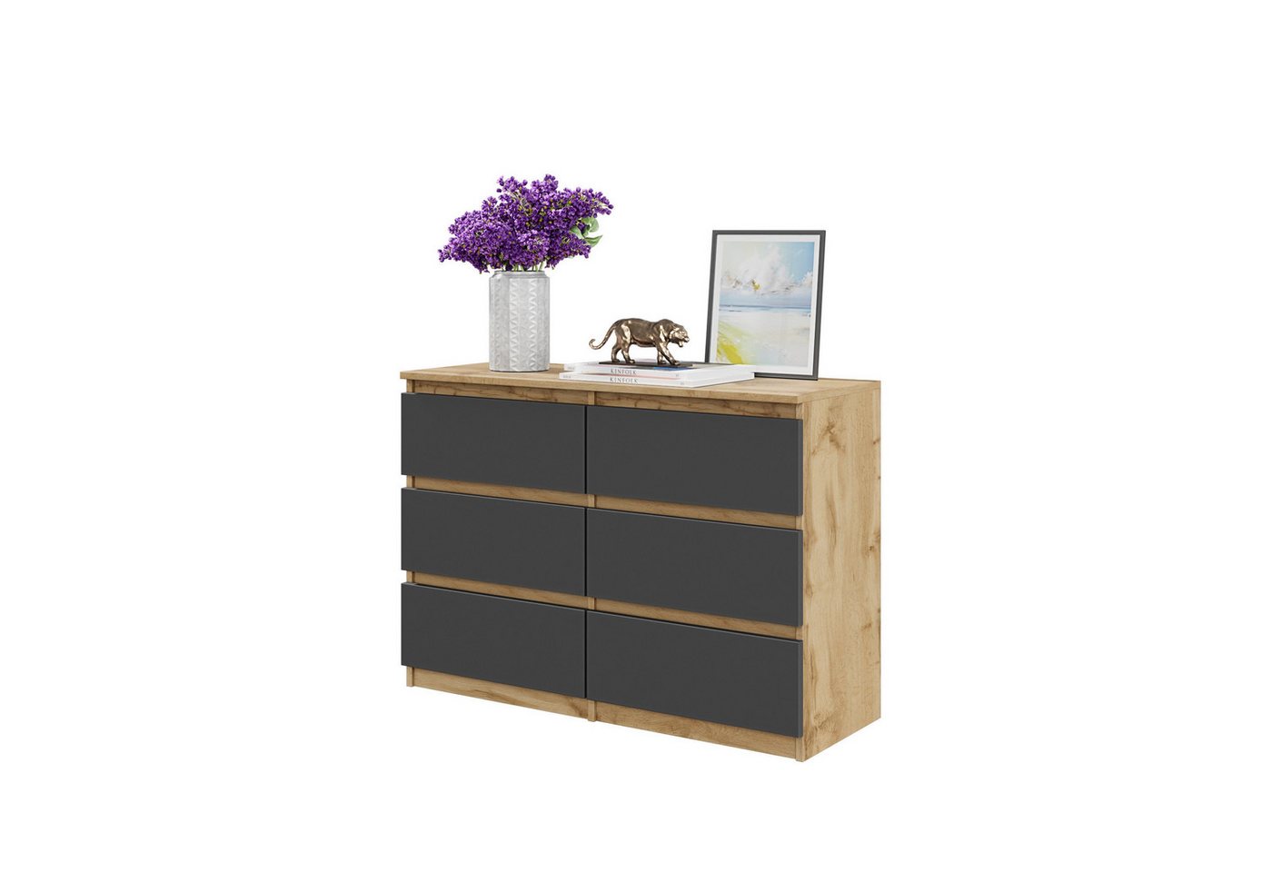 Furnica Kommode GABRIEL 6 Schubladen - Votan Eiche H70cm B100cm T33cm von Furnica