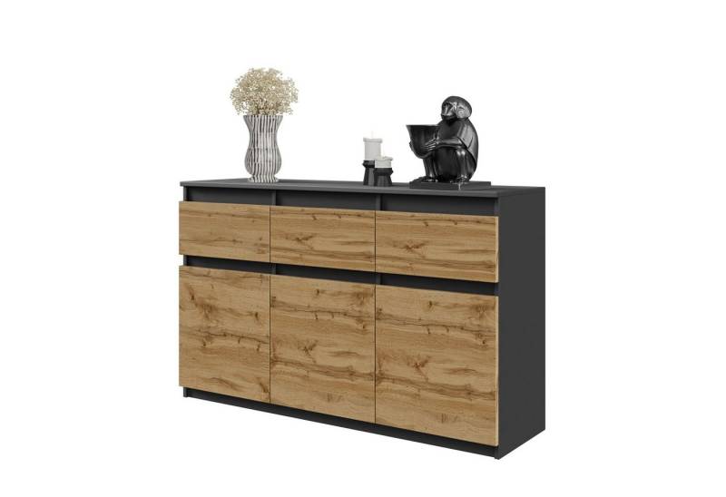 Furnica Kommode NOAH, 3 Schubladen und 3 Türen - Anthrazit Grau H75cm B120cm T35 von Furnica
