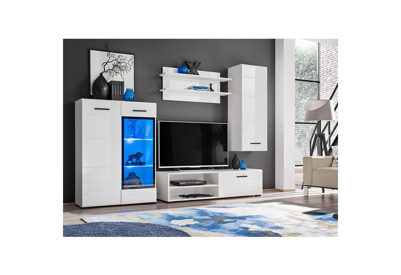 Furnica Wohnwand LAUREN MINI TV-Schrank, 1 Vitrinen, 1 Hängeschrank Weiß Gloss von Furnica