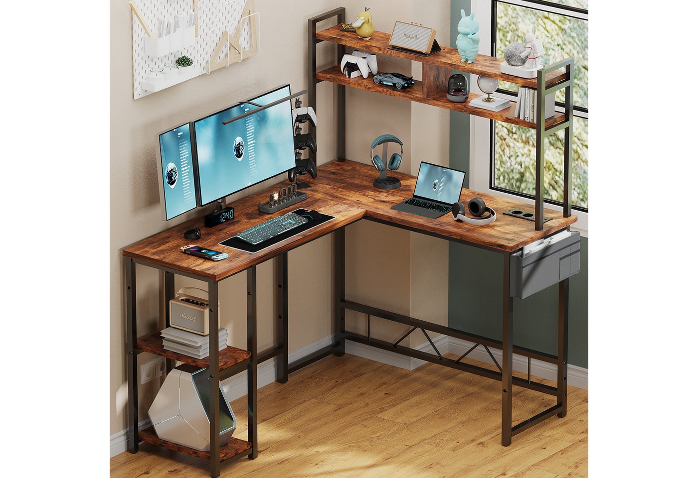 Furnicopia Eckschreibtisch 140 * 120cm Schreibtisch mit LED und USB L-förmiger Computertisch (Mit großem Ablagefach, USB-Ladeanschluss und Steckdose) von Furnicopia