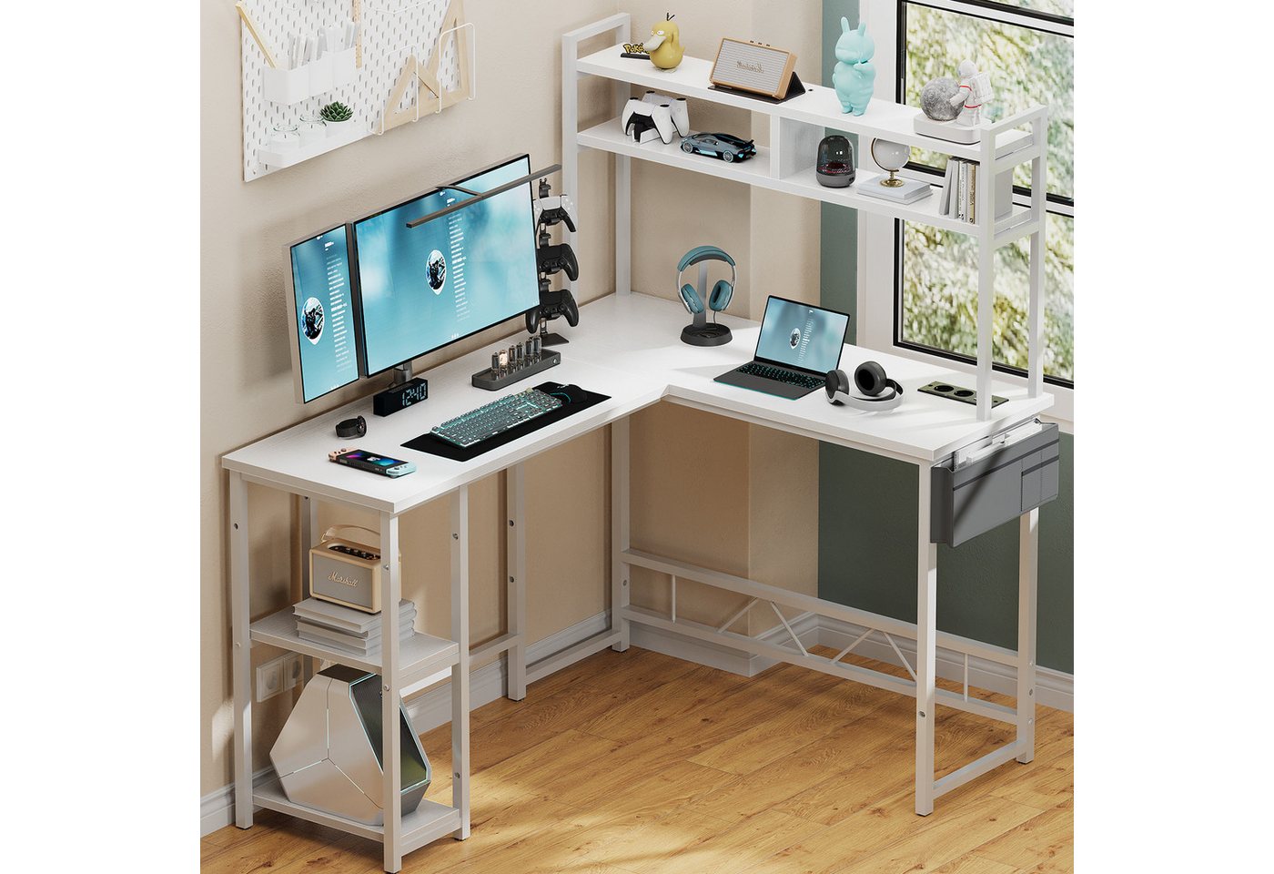 Furnicopia Eckschreibtisch 140 * 120cm Schreibtisch mit LED und USB L-förmiger Computertisch (Mit großem Ablagefach, USB-Ladeanschluss und Steckdose) von Furnicopia