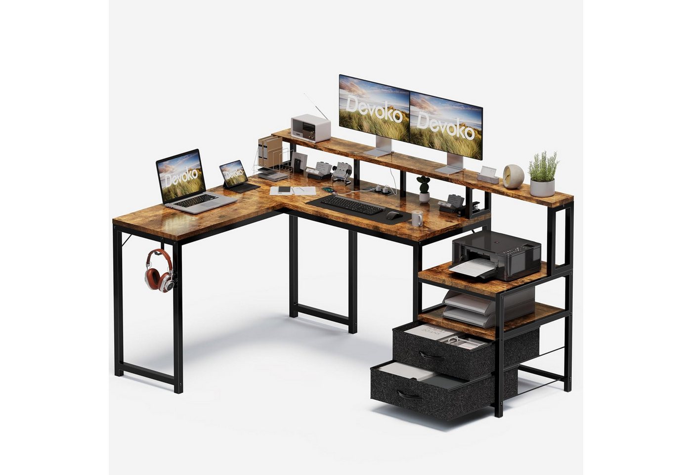 Furnicopia Eckschreibtisch 140 * 120cm Schreibtisch mit LED und USB L-förmiger Computertisch (Mit großem Ablagefach, USB-Ladeanschluss und Steckdose) von Furnicopia