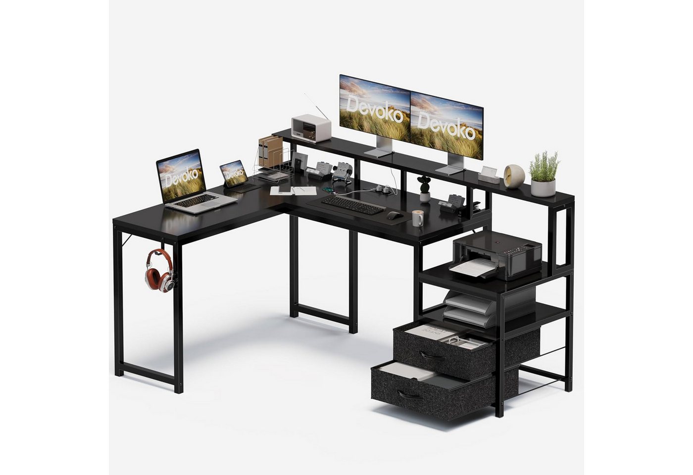 Furnicopia Eckschreibtisch 140 * 120cm Schreibtisch mit LED und USB L-förmiger Computertisch (Mit großem Ablagefach, USB-Ladeanschluss und Steckdose) von Furnicopia