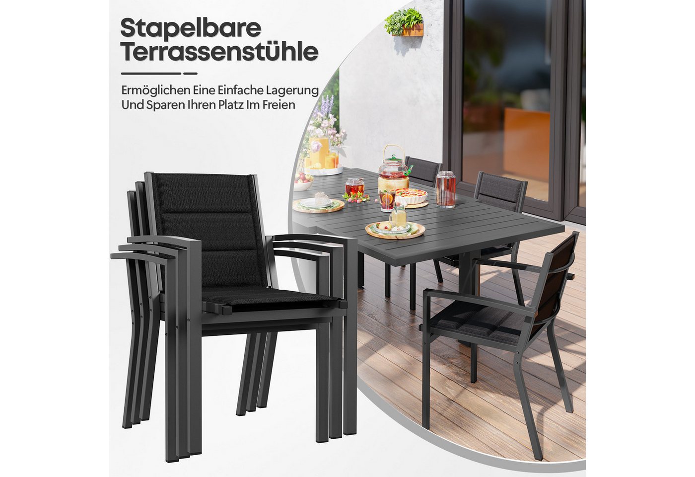 Furnicopia Gartenstuhl, Aluminium Stapelstühle 160 kg Tragkraft, Esszimmerstuhl 2er-Set (2 St), Aluminiumgestell, Tecslin-Gewebe und schnell trocknende Polsterwatte von Furnicopia