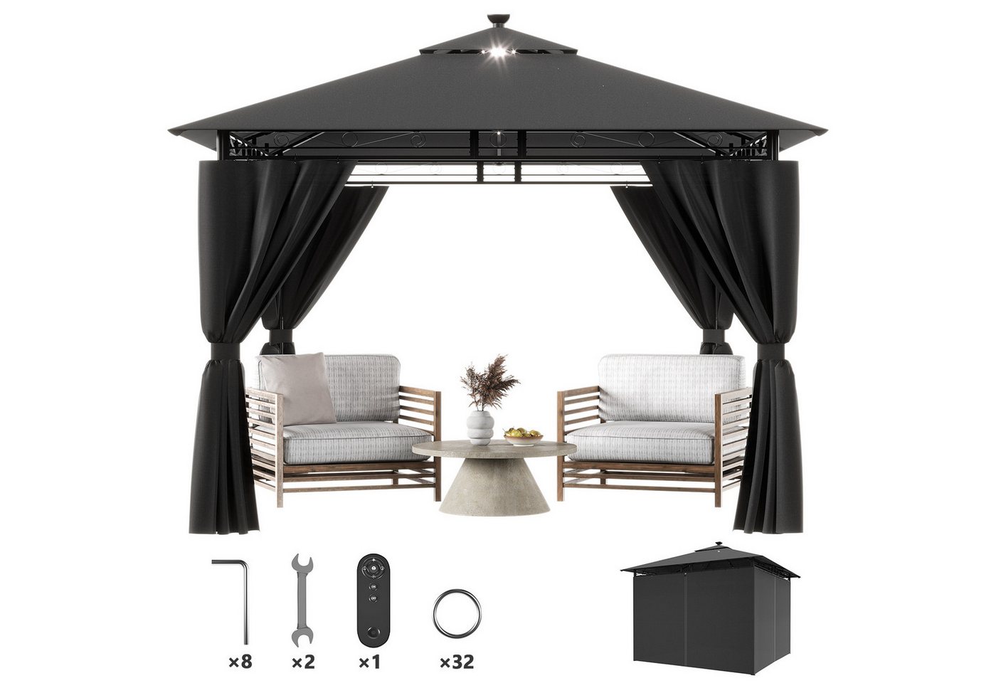 Furnicopia Pavillon Gazebo Partyzelt 3*3CM wasserdichter Gartenpavillon für 6-8 Personen, mit 4 Seitenteilen, (Mit 4 Seitenwänden, UV-Schutz, Doppeldach, geeignet für Gärten, Terrassen, erhältlich in den Farben beige und grau) von Furnicopia
