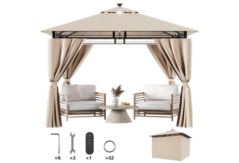 Furnicopia Pavillon Gazebo Partyzelt 3*3CM wasserdichter Gartenpavillon für 6-8 Personen, mit 4 Seitenteilen, (Mit 4 Seitenwänden, UV-Schutz, Doppeldach, geeignet für Gärten, Terrassen, erhältlich in den Farben beige und grau) von Furnicopia