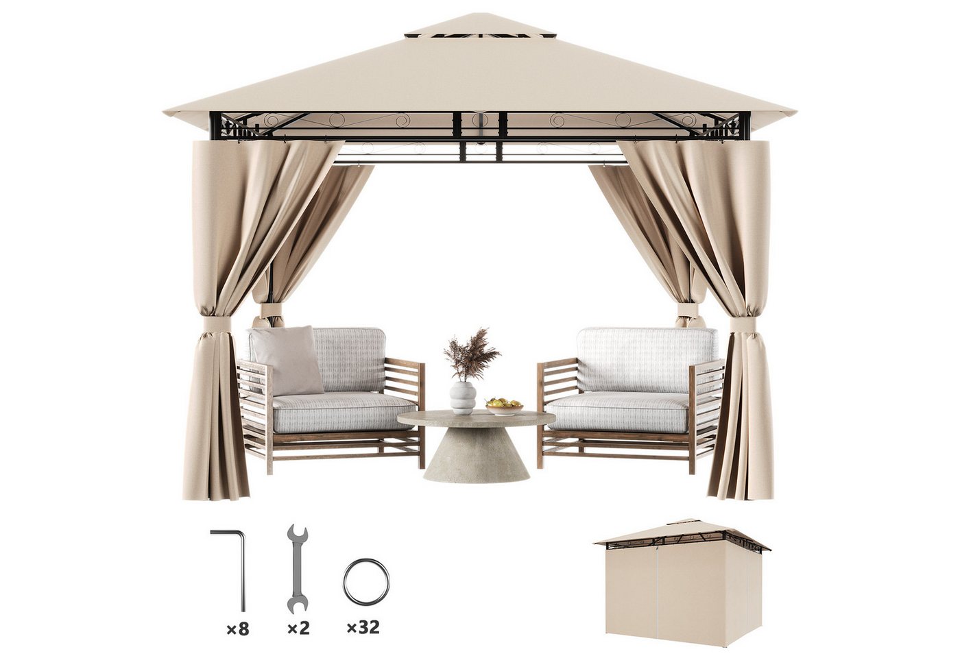 Furnicopia Pavillon Gazebo Partyzelt 3*3CM wasserdichter Gartenpavillon für 6-8 Personen, mit 4 Seitenteilen, (Mit 4 Seitenwänden, UV-Schutz, Doppeldach, geeignet für Gärten, Terrassen, erhältlich in den Farben beige und grau) von Furnicopia