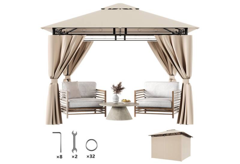 Furnicopia Pavillon Gazebo Partyzelt 3*3CM wasserdichter Gartenpavillon für 6-8 Personen, mit 4 Seitenteilen, (Mit 4 Seitenwänden, UV-Schutz, Doppeldach, geeignet für Gärten, Terrassen, erhältlich in den Farben beige und grau) von Furnicopia