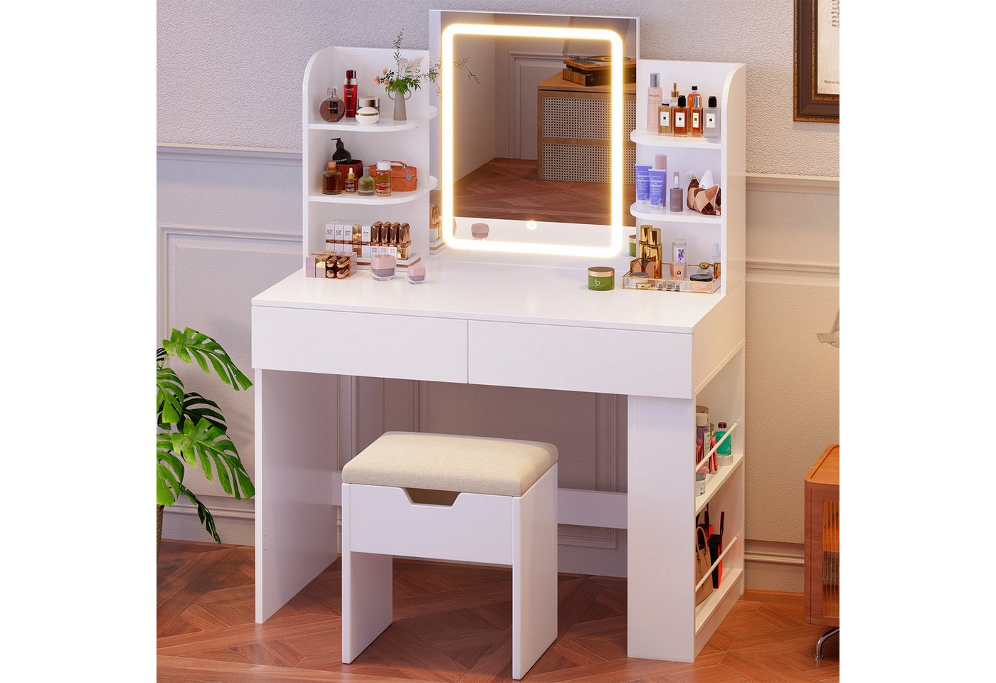 Furnicopia Schminktisch 90/110 cm, LED-Beleuchtung mit einstellbarer Helligkeit, Stauraum (Mit 8 Ablagefachern, 2 Schubladen (beidseitig austauschbar)und optionalem Hocker.Erhältlich in Weiß und Schwarz) von Furnicopia