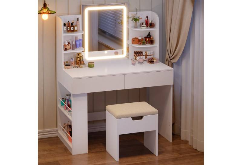 Furnicopia Schminktisch 90/110 cm, LED-Beleuchtung mit einstellbarer Helligkeit, Stauraum (Mit 8 Ablagefachern, 2 Schubladen (beidseitig austauschbar)und optionalem Hocker.Erhältlich in Weiß und Schwarz) von Furnicopia