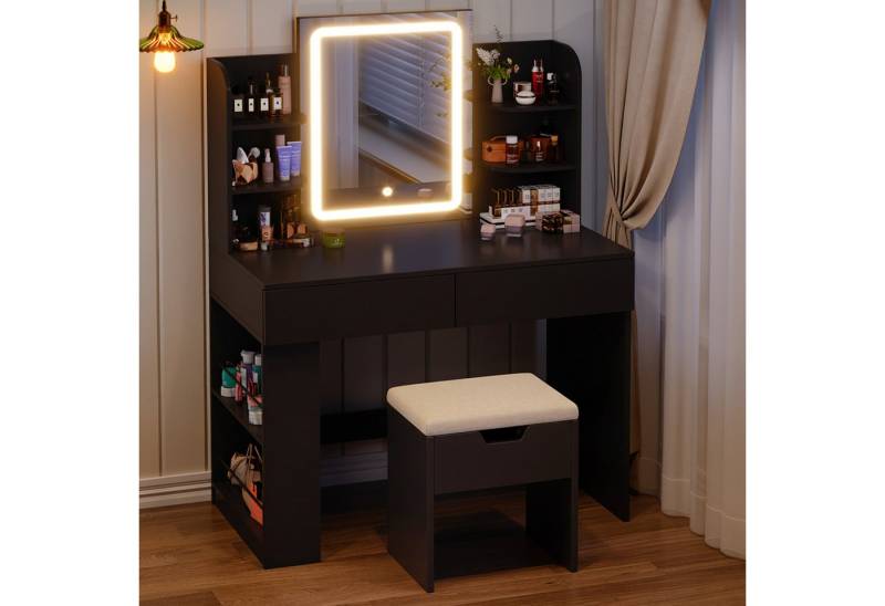 Furnicopia Schminktisch 90/110 cm, LED-Beleuchtung mit einstellbarer Helligkeit, Stauraum (Mit 8 Ablagefachern, 2 Schubladen (beidseitig austauschbar)und optionalem Hocker.Erhältlich in Weiß und Schwarz) von Furnicopia