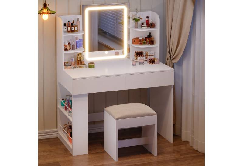 Furnicopia Schminktisch 90/110 cm, LED-Beleuchtung mit einstellbarer Helligkeit, Stauraum (Mit 8 Ablagefachern, 2 Schubladen (beidseitig austauschbar)und optionalem Hocker.Erhältlich in Weiß und Schwarz) von Furnicopia