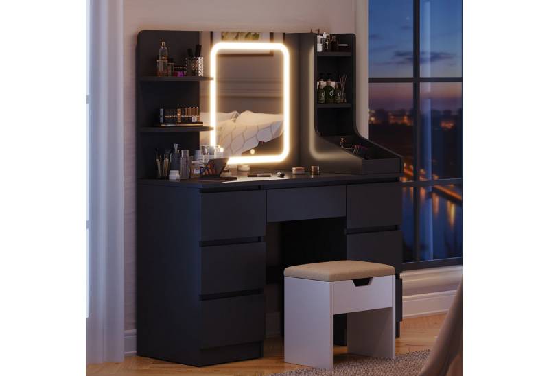 Furnicopia Schminktisch Einstellbare Helligkeit mit 7 Schubladen und 8 offenen Ablagefächern (Größe: 110 x 40 x 139 cm, Integrierte LED-Leiste mit einstellbaren drei Farbtemperaturen, Optional erhältlich mit Hocker mit Stauraum) von Furnicopia