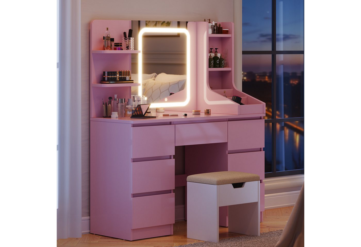 Furnicopia Schminktisch Einstellbare Helligkeit mit 7 Schubladen und 8 offenen Ablagefächern (Größe: 110 x 40 x 139 cm, Integrierte LED-Leiste mit einstellbaren drei Farbtemperaturen, Optional erhältlich mit Hocker mit Stauraum) Furnicopia Schminktisch Einstellbare Helligkeit mit 7 Schubladen und 8 offenen Ablagefächern (Größe: 110 x 40 x 139 cm, Integrierte LED-Leiste mit einstellbaren drei Farbtemperaturen, Optional erhältlich mit Hocker mit Stauraum) von Furnicopia