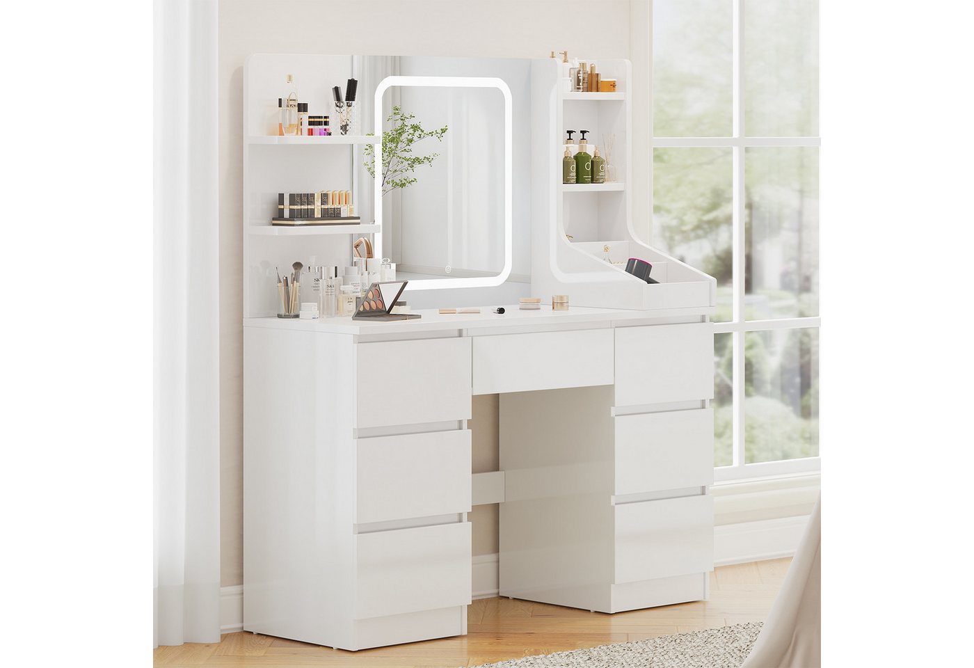 Furnicopia Schminktisch Einstellbare Helligkeit mit 7 Schubladen und 8 offenen Ablagefächern (Größe: 110 x 40 x 139 cm, Integrierte LED-Leiste mit einstellbaren drei Farbtemperaturen, Optional erhältlich mit Hocker mit Stauraum) Furnicopia Schminktisch Einstellbare Helligkeit mit 7 Schubladen und 8 offenen Ablagefächern (Größe: 110 x 40 x 139 cm, Integrierte LED-Leiste mit einstellbaren drei Farbtemperaturen, Optional erhältlich mit Hocker mit Stauraum) von Furnicopia