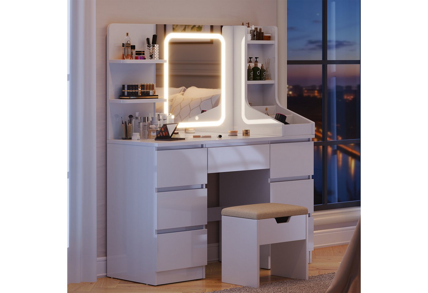 Furnicopia Schminktisch Einstellbare Helligkeit mit 7 Schubladen und 8 offenen Ablagefächern (Größe: 110 x 40 x 139 cm, Integrierte LED-Leiste mit einstellbaren drei Farbtemperaturen, Optional erhältlich mit Hocker mit Stauraum) Furnicopia Schminktisch Einstellbare Helligkeit mit 7 Schubladen und 8 offenen Ablagefächern (Größe: 110 x 40 x 139 cm, Integrierte LED-Leiste mit einstellbaren drei Farbtemperaturen, Optional erhältlich mit Hocker mit Stauraum) von Furnicopia