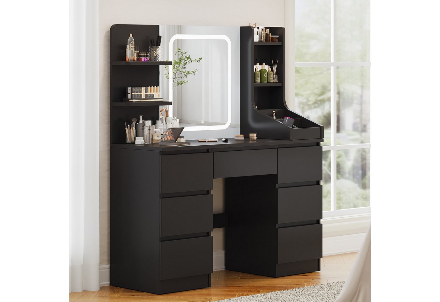 Furnicopia Schminktisch Einstellbare Helligkeit mit 7 Schubladen und 8 offenen Ablagefächern (Größe: 110 x 40 x 139 cm, Integrierte LED-Leiste mit einstellbaren drei Farbtemperaturen, Optional erhältlich mit Hocker mit Stauraum) Furnicopia Schminktisch Einstellbare Helligkeit mit 7 Schubladen und 8 offenen Ablagefächern (Größe: 110 x 40 x 139 cm, Integrierte LED-Leiste mit einstellbaren drei Farbtemperaturen, Optional erhältlich mit Hocker mit Stauraum) von Furnicopia