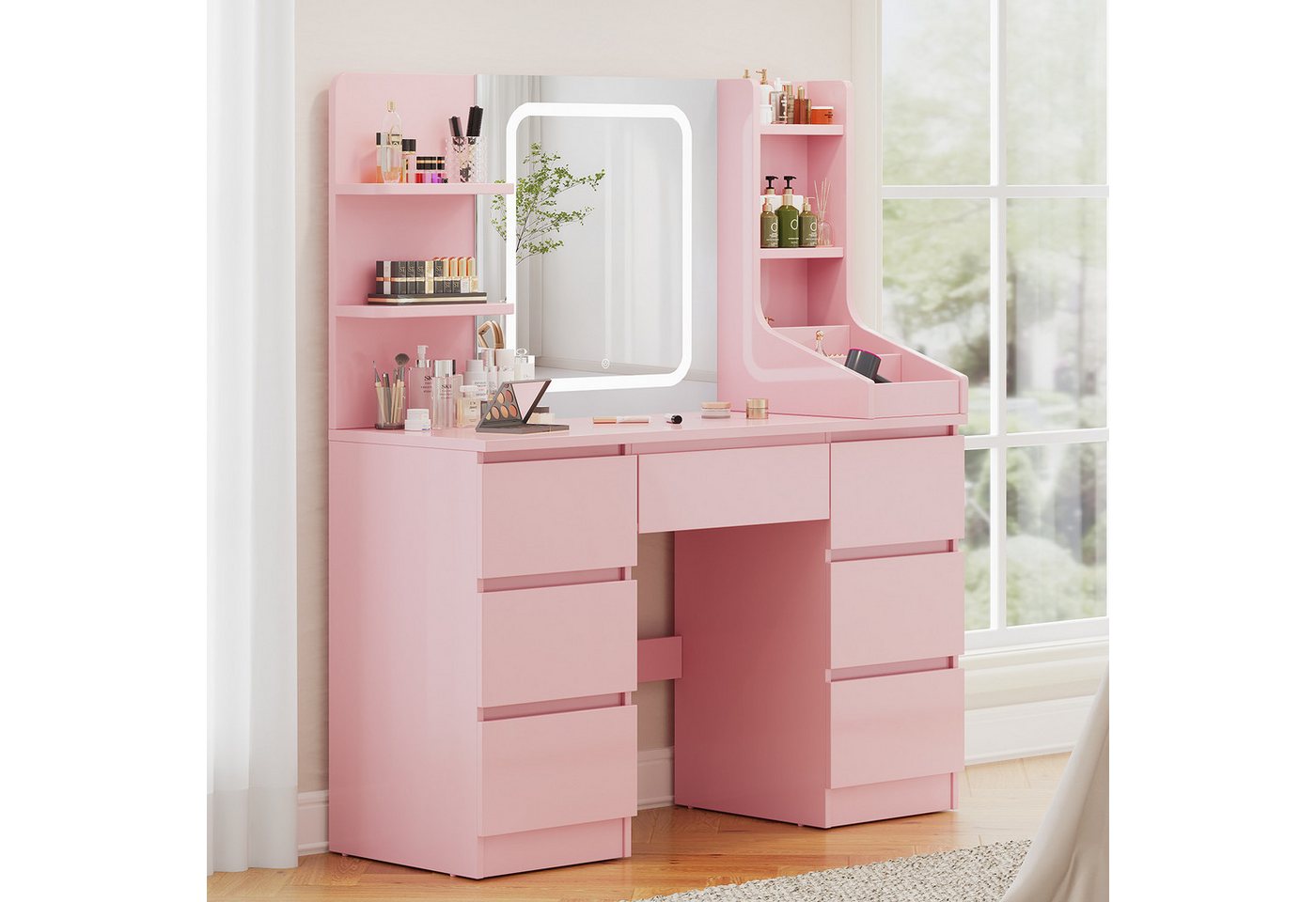 Furnicopia Schminktisch Einstellbare Helligkeit mit 7 Schubladen und 8 offenen Ablagefächern (Größe: 110 x 40 x 139 cm, Integrierte LED-Leiste mit einstellbaren drei Farbtemperaturen, Optional erhältlich mit Hocker mit Stauraum) Furnicopia Schminktisch Einstellbare Helligkeit mit 7 Schubladen und 8 offenen Ablagefächern (Größe: 110 x 40 x 139 cm, Integrierte LED-Leiste mit einstellbaren drei Farbtemperaturen, Optional erhältlich mit Hocker mit Stauraum) von Furnicopia