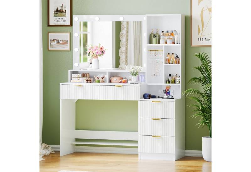 Furnicopia Schminktisch Einstellbare LED-Beleuchtung Fünf Schubladen und sieben Staufächer (Abmessungen: 114 × 40 × 149 cm Der Schminktisch verfügt über zwei europäische Steckdosen, einen USB-Anschluss, einen Typ-C-Anschluss und zwölf Schmuckhaken) von Furnicopia