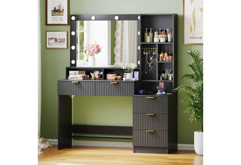 Furnicopia Schminktisch Einstellbare LED-Beleuchtung Fünf Schubladen und sieben Staufächer (Abmessungen: 114 × 40 × 149 cm Der Schminktisch verfügt über zwei europäische Steckdosen, einen USB-Anschluss, einen Typ-C-Anschluss und zwölf Schmuckhaken) Furnicopia Schminktisch Einstellbare LED-Beleuchtung Fünf Schubladen und sieben Staufächer (Abmessungen: 114 × 40 × 149 cm Der Schminktisch verfügt über zwei europäische Steckdosen, einen USB-Anschluss, einen Typ-C-Anschluss und zwölf Schmuckhaken) von Furnicopia