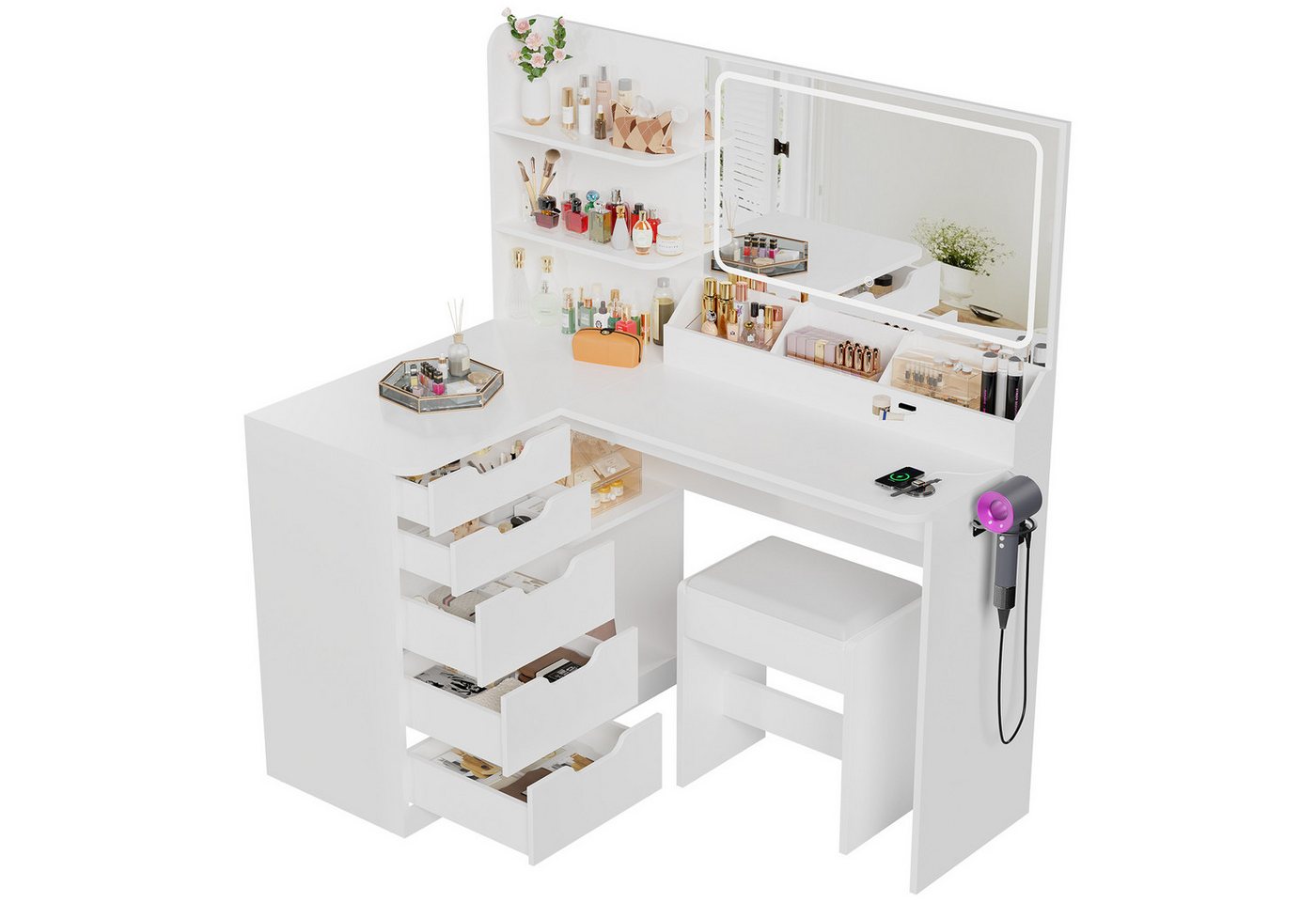 Furnicopia Schminktisch LED-Schminktisch mit großer Ablagefläche und Hocker (Größe: 120*80*136 5 Schränke 8 Ablagefächer mit Steckdosen, Haartrocknerhalter) von Furnicopia