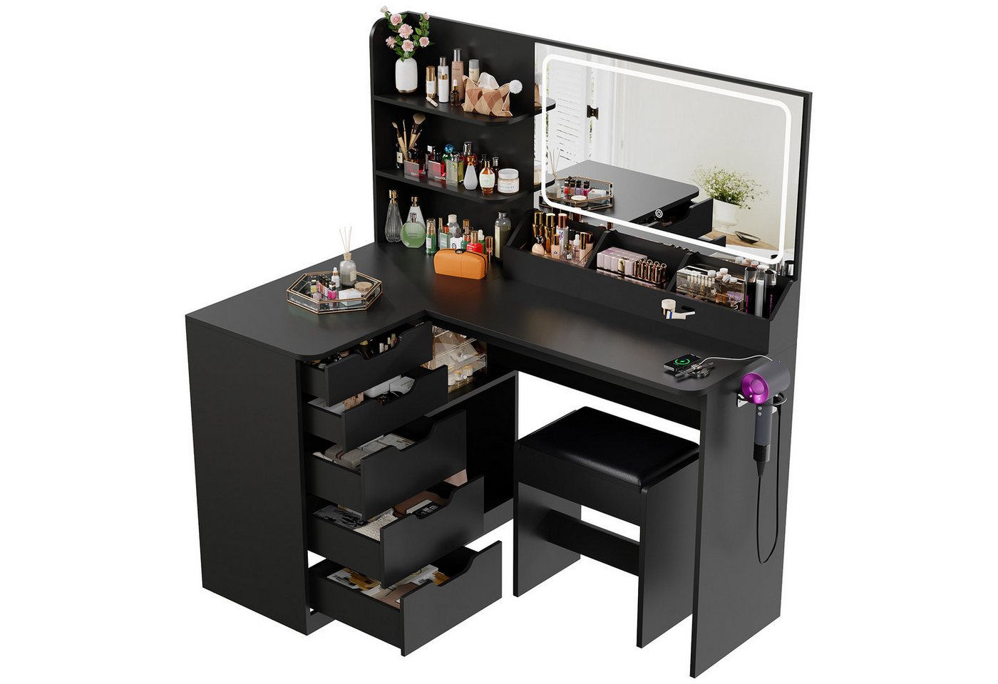 Furnicopia Schminktisch LED-Schminktisch mit großer Ablagefläche und Hocker (Größe: 120*80*136 5 Schränke 8 Ablagefächer mit Steckdosen, Haartrocknerhalter) von Furnicopia